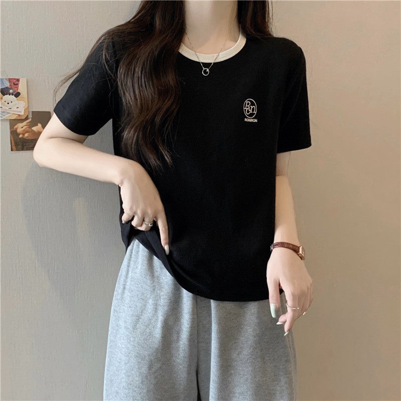 Cross-Border K-Style Contrasting Color Pure Cotton Short-Sleeved T-Shirt for Women in Summer Slimming Look Half-Sleeved Bottoming Shirt Embroidered Top Ins - Image 5