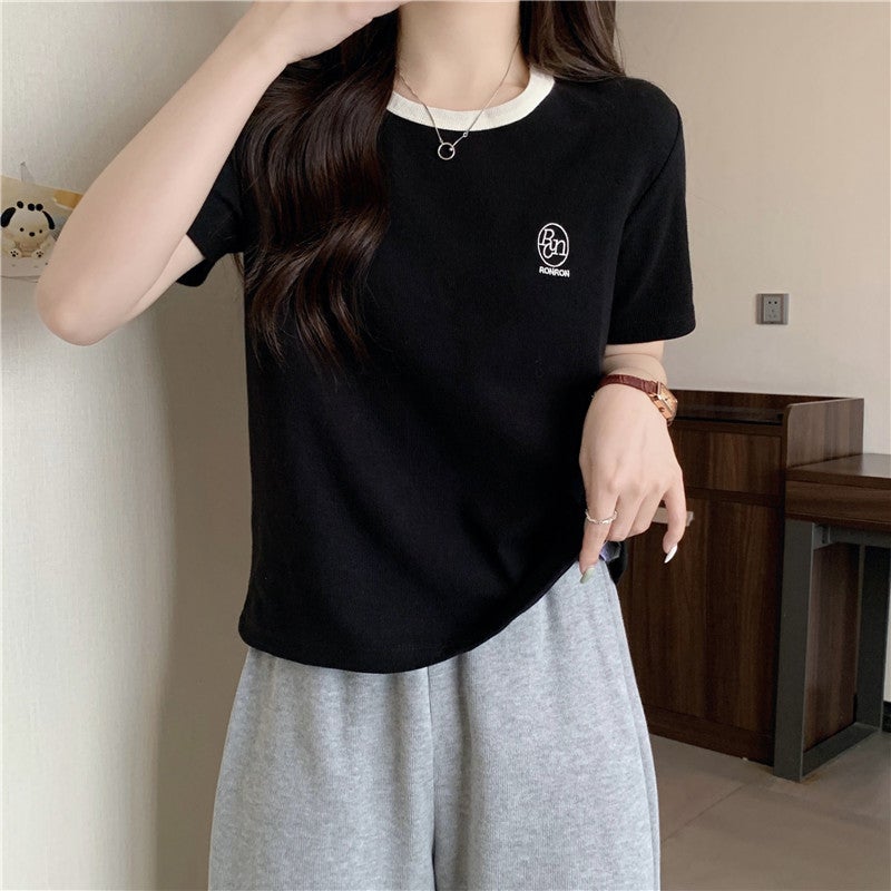 Cross-Border K-Style Contrasting Color Pure Cotton Short-Sleeved T-Shirt for Women in Summer Slimming Look Half-Sleeved Bottoming Shirt Embroidered Top Ins - Image 1
