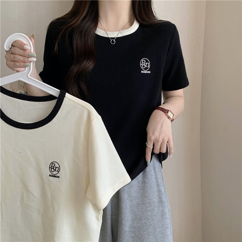 Cross-Border K-Style Contrasting Color Pure Cotton Short-Sleeved T-Shirt for Women in Summer Slimming Look Half-Sleeved Bottoming Shirt Embroidered Top Ins - Image 3