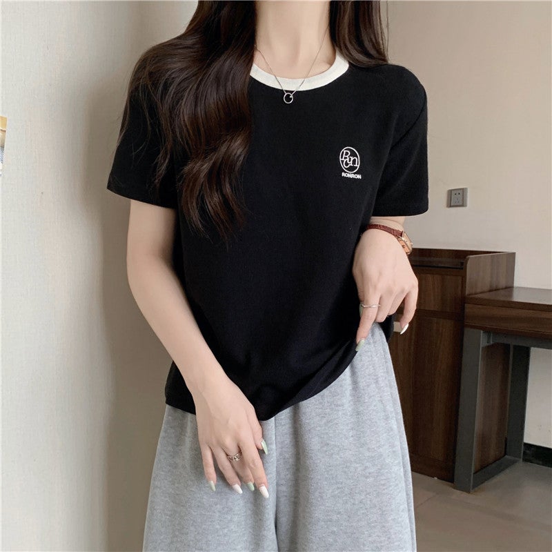 Cross-Border K-Style Contrasting Color Pure Cotton Short-Sleeved T-Shirt for Women in Summer Slimming Look Half-Sleeved Bottoming Shirt Embroidered Top Ins - Image 4