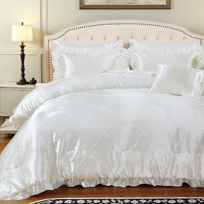 SATIN COMFORTER SET KING SHEET SET SILK LIKE WHITE BEDDING SET SILKY BED IN A BAG 8 PCS PINCH PLEAT BED SET HOME DECOR LUXURY HOTEL SILKY RUFFLE DOWN COMFORTER WITH 1 CUSHION COVER