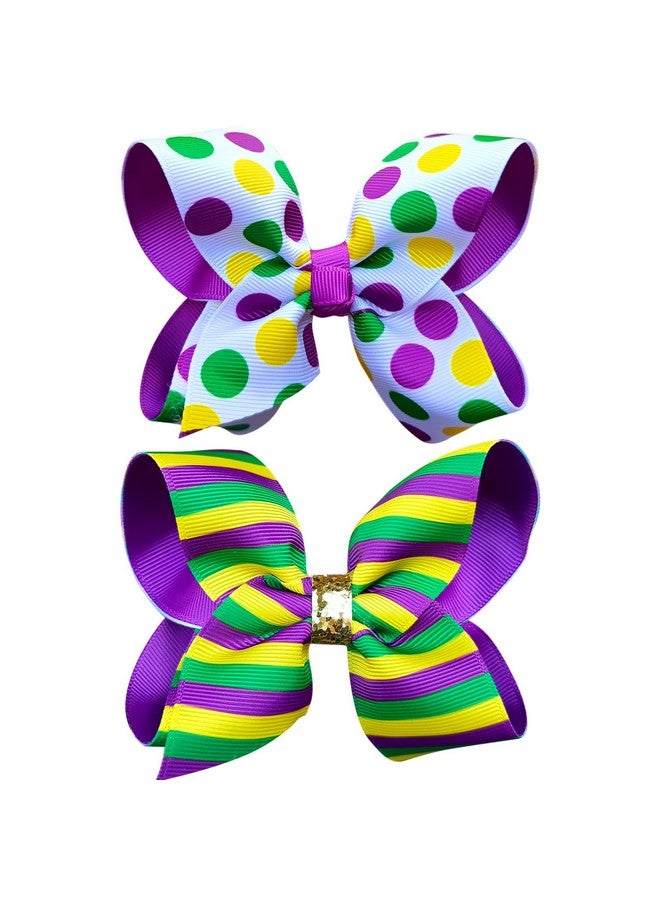 KCHIES Mardi Gras Hair Bow Gift Girls 5" Purple Gold Green Boutique Ribbon Polkadots Cheer Bow Clip Women Kids Fat Tuesday Circus Carnival Costume Party Headpiece Decor Accessories - Image 1