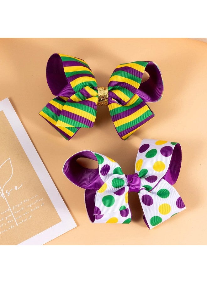 KCHIES Mardi Gras Hair Bow Gift Girls 5" Purple Gold Green Boutique Ribbon Polkadots Cheer Bow Clip Women Kids Fat Tuesday Circus Carnival Costume Party Headpiece Decor Accessories - Image 2