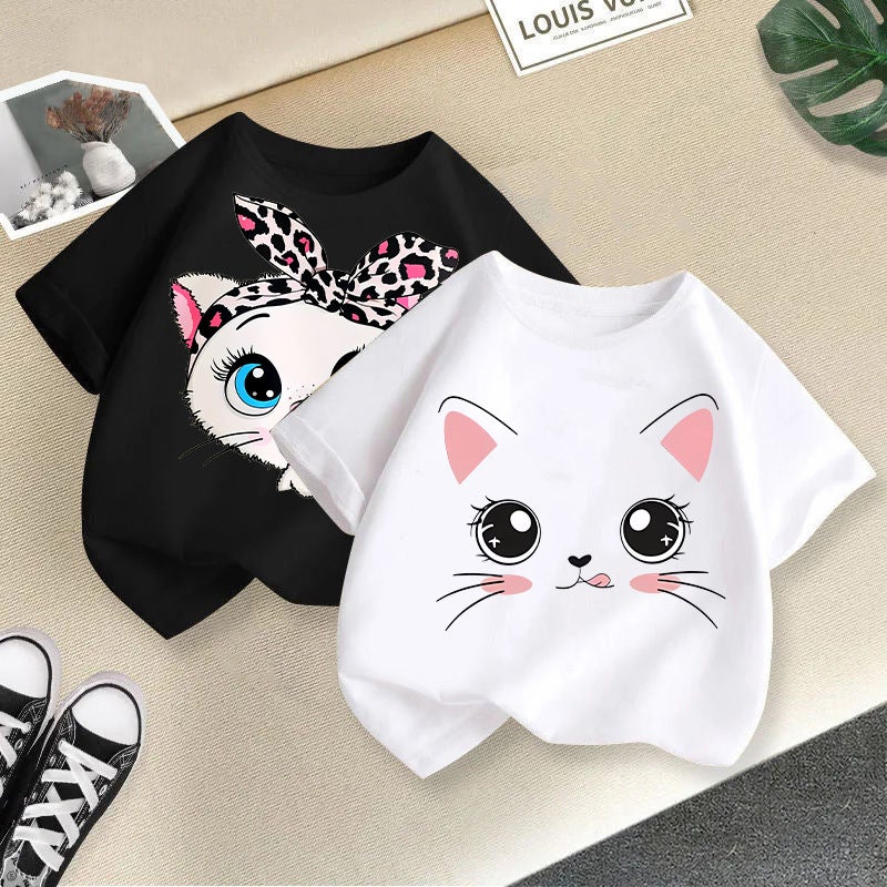 2026 New Girls' Short-Sleeved Children'S T-Shirt With Cute Cat Print, Korean Style Top For Young Children, Summer Fashion Trend - Image 3