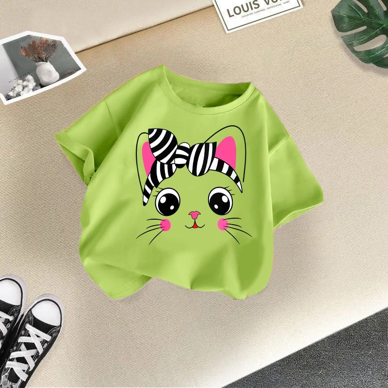 2026 New Girls' Short-Sleeved Children'S T-Shirt With Cute Cat Print, Korean Style Top For Young Children, Summer Fashion Trend - Image 1