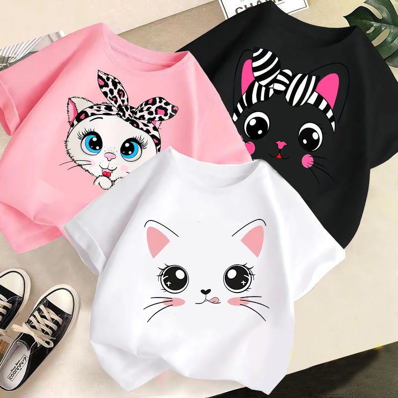 2026 New Girls' Short-Sleeved Children'S T-Shirt With Cute Cat Print, Korean Style Top For Young Children, Summer Fashion Trend - Image 2