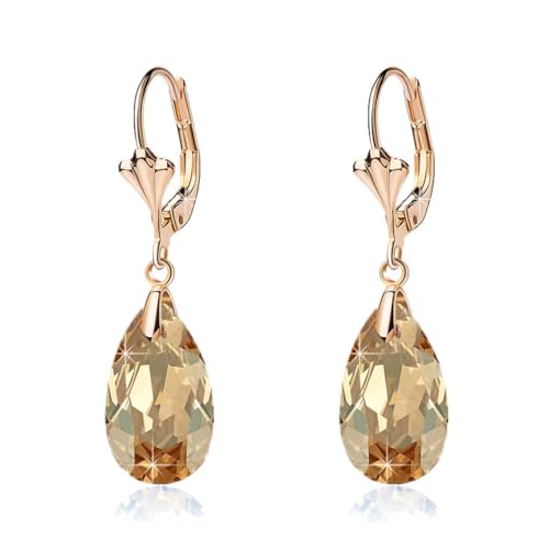 EVEVIC Austrian Crystal Teardrop Leverback Dangle Earrings for Women Fashion 14K Gold Plated Hypoallergenic Jewelry (Topaz) - Image 1