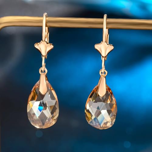 EVEVIC Austrian Crystal Teardrop Leverback Dangle Earrings for Women Fashion 14K Gold Plated Hypoallergenic Jewelry (Topaz) - Image 3
