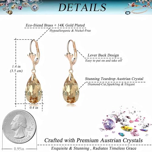 EVEVIC Austrian Crystal Teardrop Leverback Dangle Earrings for Women Fashion 14K Gold Plated Hypoallergenic Jewelry (Topaz) - Image 4