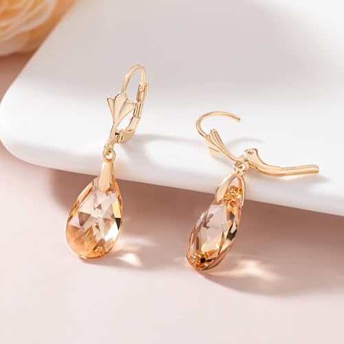 EVEVIC Austrian Crystal Teardrop Leverback Dangle Earrings for Women Fashion 14K Gold Plated Hypoallergenic Jewelry (Topaz) - Image 5