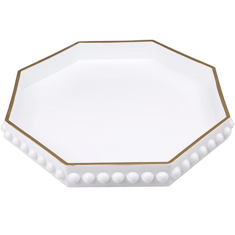 SforGUVA White Serving Tray for Coffee Table Octagonal Beaded Plastic Decorative Tray for Ottoman Kitchen Counter Living Room Outdoor Lacquer Tray for Entertaining - Image 2