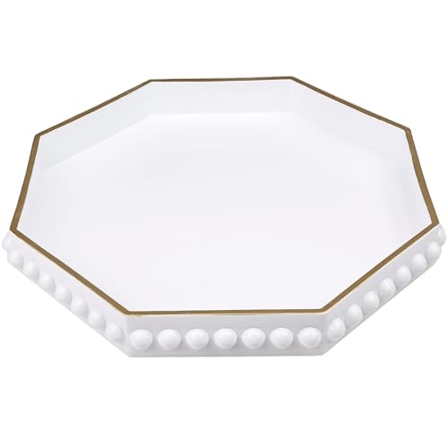 SforGUVA White Serving Tray for Coffee Table Octagonal Beaded Plastic Decorative Tray for Ottoman Kitchen Counter Living Room Outdoor Lacquer Tray for Entertaining - Image 1