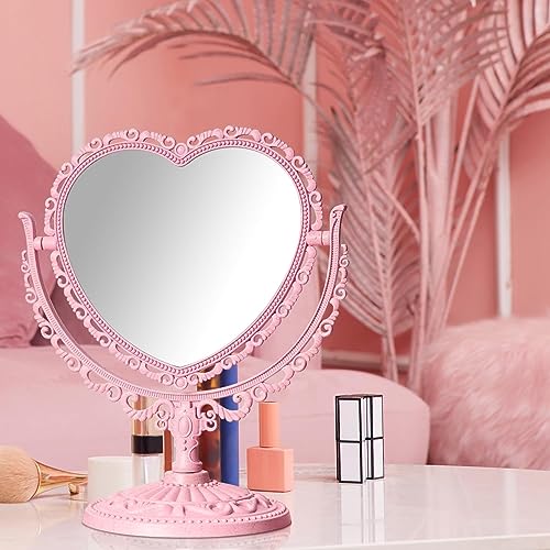 QEEYON Pink Heart Vanity Mirror - Double Sided 360 Degree Swivel - Aesthetic Makeup Cosmetic Mirror for Table Desk Countertop Dresser Coquette Bathroom Bedroom Decor - Image 3