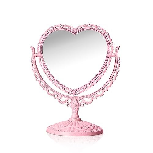 QEEYON Pink Heart Vanity Mirror - Double Sided 360 Degree Swivel - Aesthetic Makeup Cosmetic Mirror for Table Desk Countertop Dresser Coquette Bathroom Bedroom Decor - Image 1