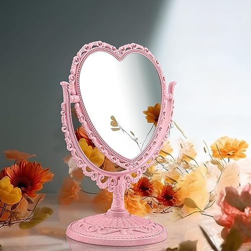 QEEYON Pink Heart Vanity Mirror - Double Sided 360 Degree Swivel - Aesthetic Makeup Cosmetic Mirror for Table Desk Countertop Dresser Coquette Bathroom Bedroom Decor - Image 5