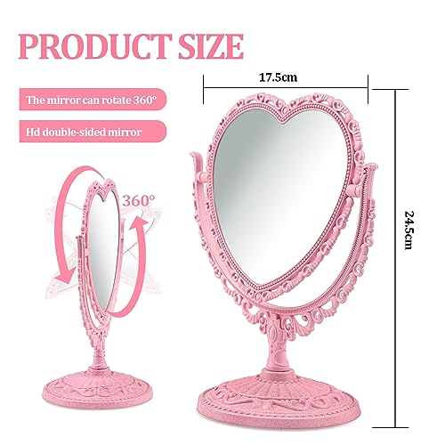 QEEYON Pink Heart Vanity Mirror - Double Sided 360 Degree Swivel - Aesthetic Makeup Cosmetic Mirror for Table Desk Countertop Dresser Coquette Bathroom Bedroom Decor - Image 2