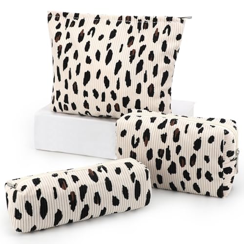 EIMMBD Makeup Bag 3 Pieces Large Capacity Cosmetic Bags Makeup Pouch for Purse Travel Toiletry Bag Organizer Cute Makeup Pouch Storage for Women(Beige Leopard) - Image 1
