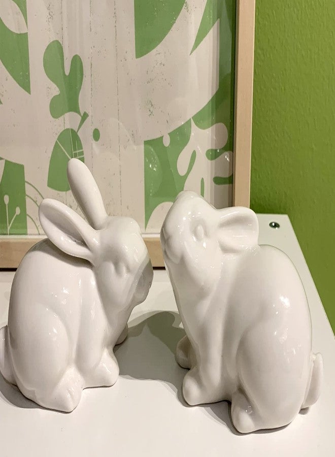 QIAOIDEA Set of 2 Porcelain Bunny Rabbit Statue Figurine Easter Spring Decoration Vintage Rustic White Bunny Figurines for Easter Dining Table Centerpiece Tiered Tray Bowl Shelf Ornament - Image 2