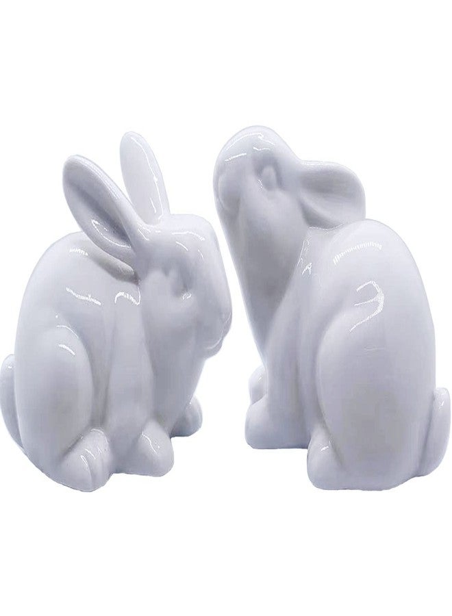 QIAOIDEA Set of 2 Porcelain Bunny Rabbit Statue Figurine Easter Spring Decoration Vintage Rustic White Bunny Figurines for Easter Dining Table Centerpiece Tiered Tray Bowl Shelf Ornament - Image 1