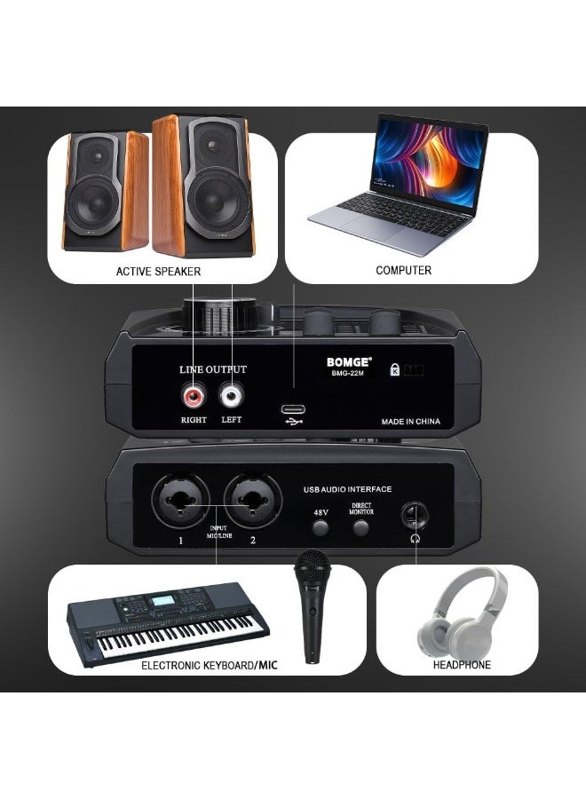 BOMGE BMG-22M USB Audio Interface with 48V Phantom Power XLR Input for Recording Streaming Podcasting and Music Production - Image 4
