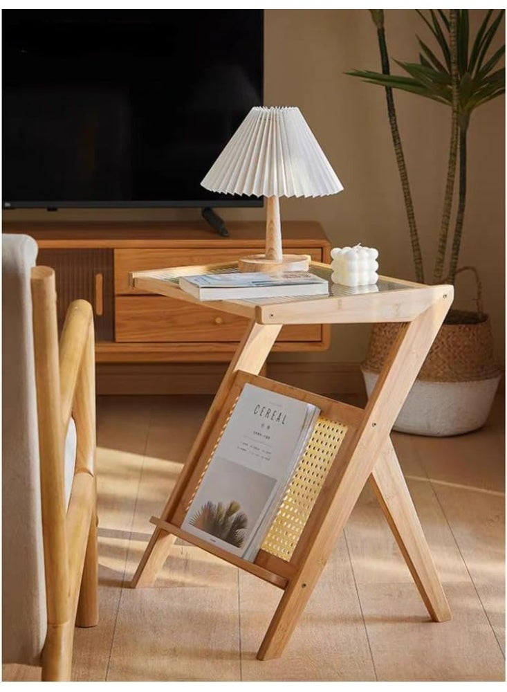 LINGWEI Side Table 50x56x36cm Mid Century Nightstand Bamboo Accent Bedside Tables Glass Coffee Tables Beige - Image 1