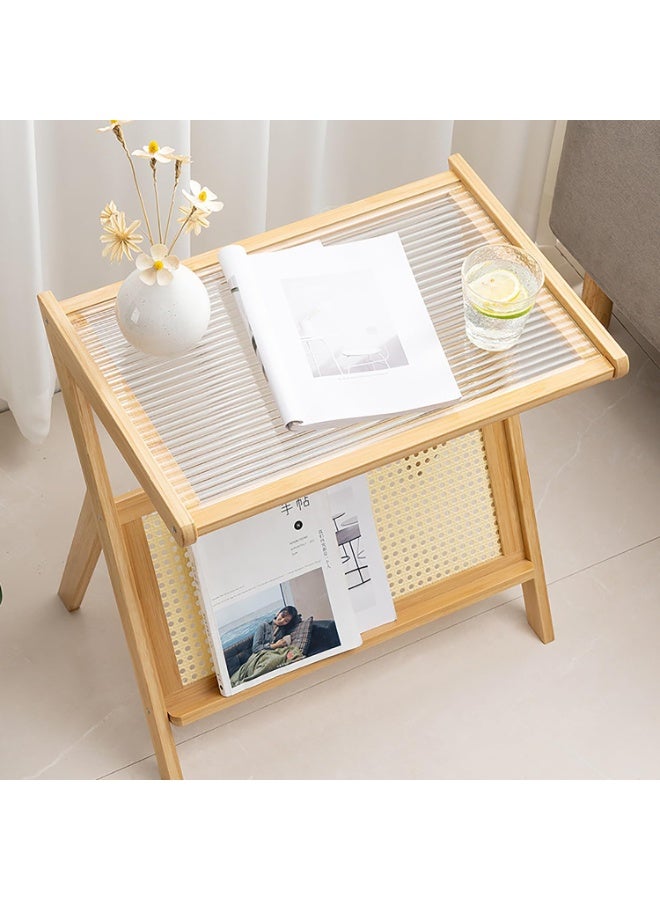 LINGWEI Side Table 50x56x36cm Mid Century Nightstand Bamboo Accent Bedside Tables Glass Coffee Tables Beige - Image 5