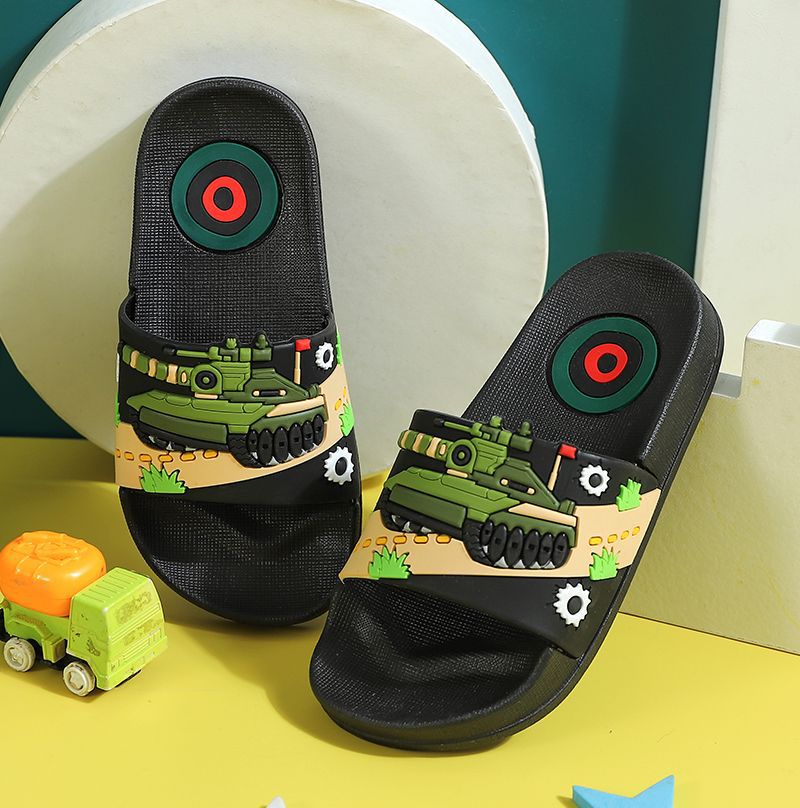 Kids Tank Cartoon Summer Slippers Non-Slip Soft Sole Black 