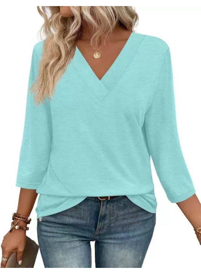 general WIHOLL 3/4 Length Sleeve Womens Tops V Neck Casual Tunic Tops Basic Shirts Loose Fit Blouse - Image 1