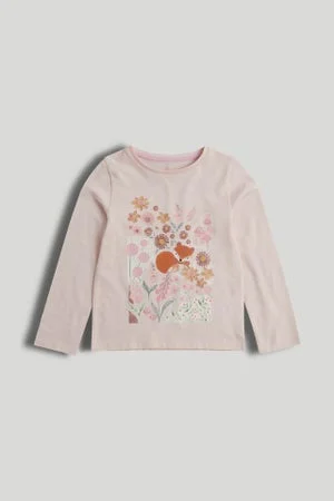 مذركير تي-شيرت بأكمام طويلة بطبعة ثعلب باللون الوردي