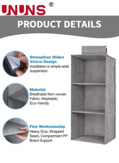 UNUNS Hanging Closet Organizer Storage Shelves,Wardrobe Storage Hanging Bag,Clothes Organizer Closet Shelf,3 Shelf Closet Storage With 2 Storage Drawers,Classification Closet Storage Organizer,Grey  - Image 3