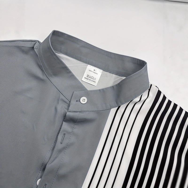 Men's 3D Digital Print Striped Casual Shirt, Black Button Set - Image 2