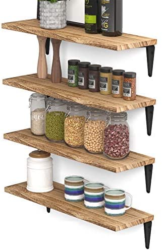 VM DECOR Floating Shelves for Wall Storage Wood Wall Shelves for Kitchen Organization and Storage Wall Shelf Set of 4 Burned Finish Teak - Image 1