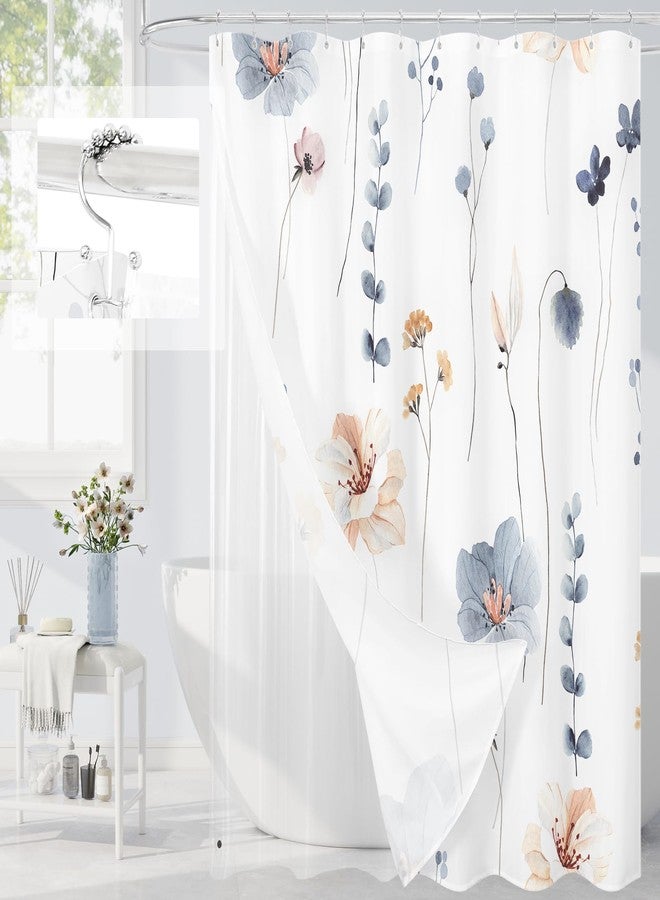 Gibelle 3 in 1 Shower Curtain Set, Blue Watercolor Floral Bath Curtain and PEVA Liner Set with 12 Double Sided Steel Hooks, Waterproof Fabric Bathroom Curtain 72x72 - Image 1