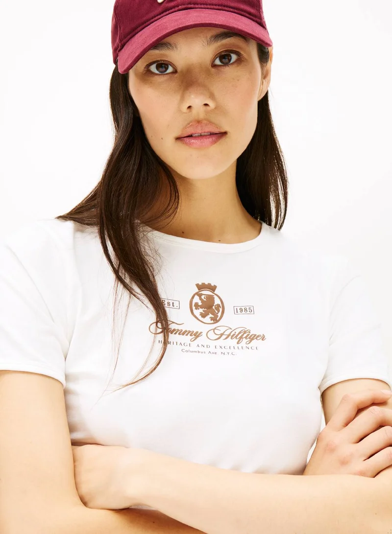 Tommy Hilfiger Ecru Varsity Crest Slim Short Sleeve Tee for Women | Best Price UAE