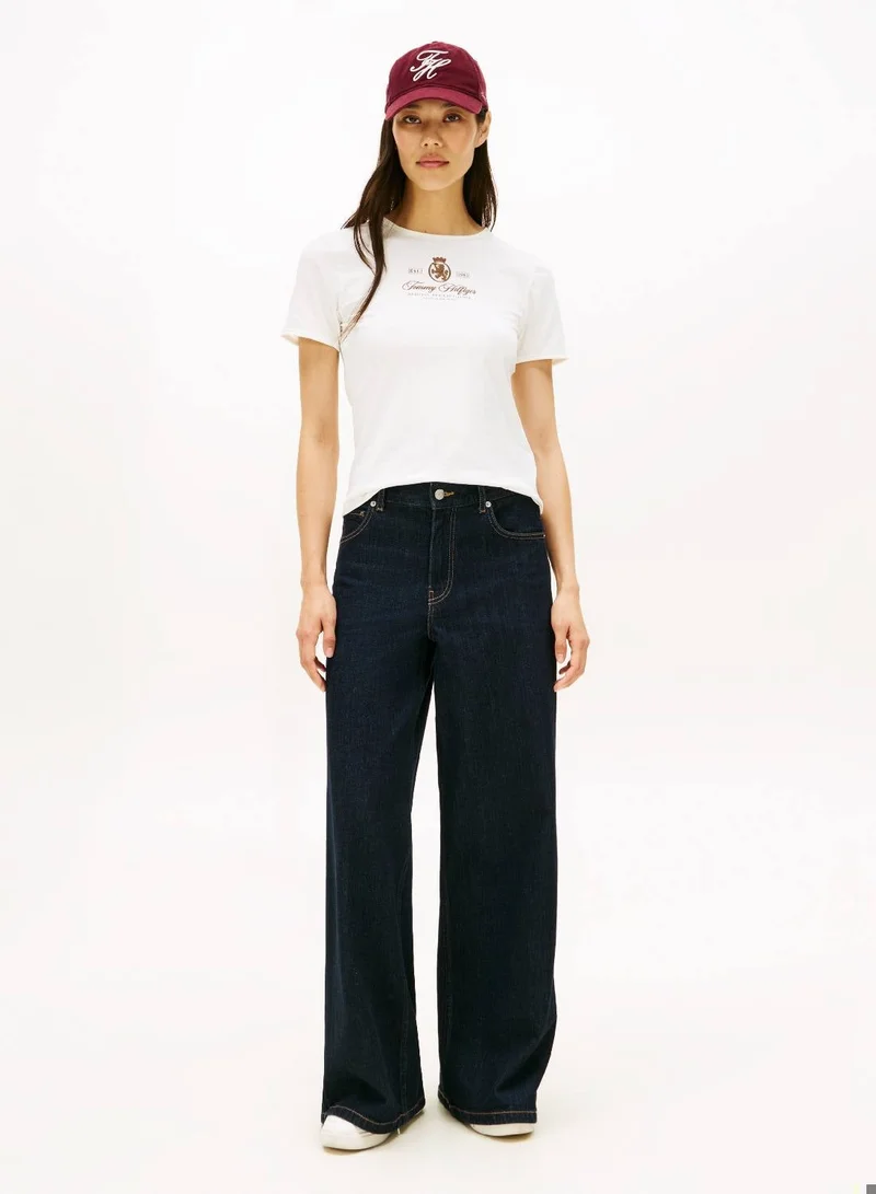 Tommy Hilfiger Ecru Varsity Crest Slim Short Sleeve Tee for Women | Best Price UAE