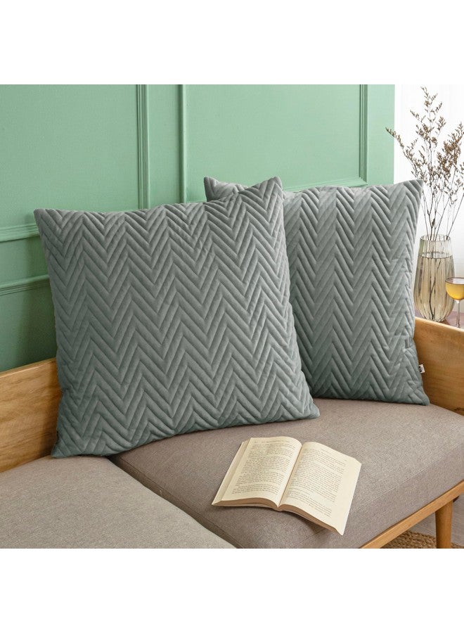 HOMEMONDE HOMEMONDE Cushion Covers 24 Inch x 24 Inch Pack of 2 - Quilted Velvet Sofa Pillow Covers, Decorative Throw Cushion Case - Solid Grey - Image 2
