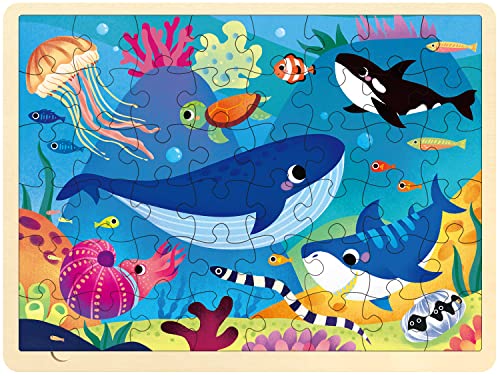 MoinKidz 48 Piece Puzzles for Kids Ages 35 with Unique Puzzle Pieces Wooden Jigsaw Puzzle for 3 4 5 6 7 8 Year Old Ocean Animal Toddler Puzzles for Kids Ages 48 with Storage Tray - Image 1