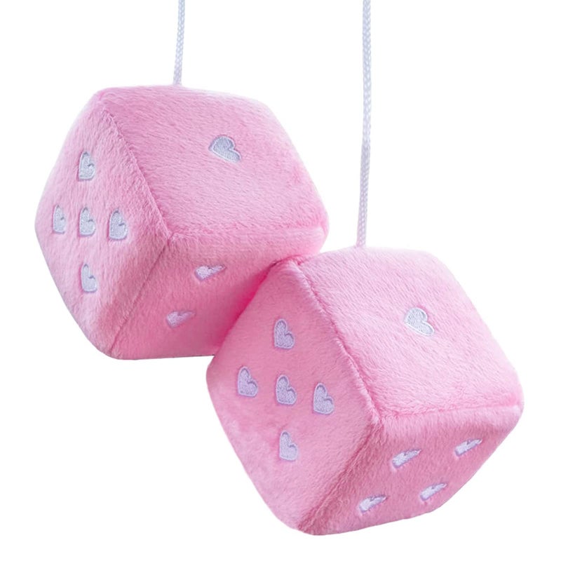 Lutoku Pair 3 Pink Fuzzy Plush Dice Heart Shape Decor for Car Rearview Mirror Retro Square Decoration Dice for Car Hanging Accessories - Image 3
