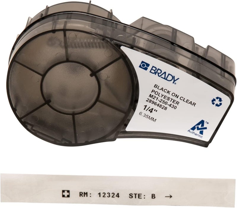 Brady Authentic (M21-250-430) Harsh Environment Polyester Label for Lab, Asset Tracking and Datacom, Black on Clear- For M210, M210-LAB, M211, BMP21-PLUS and BMP21-LAB Printers, 0.25" W, 21' L - Image 1