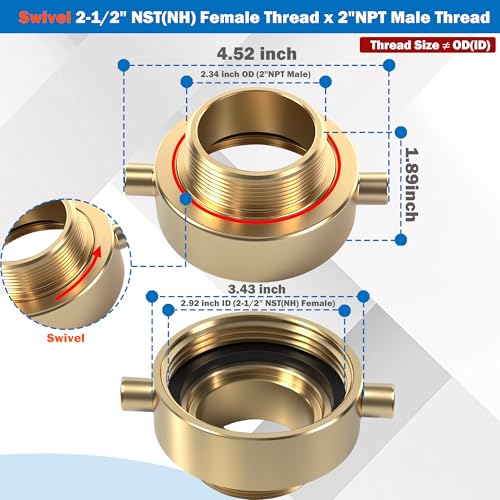 Happy Tree 2-1/2" NH/NST Female x 2" NPT Male Brass Male Swivel Adapter Fire Hose Hydrant Adapter with Pin Lug Brass Fire Equipment - Image 2