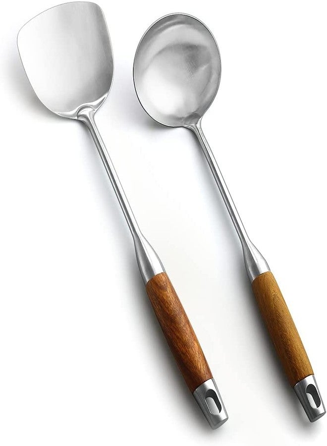 AOOSY Wok Spatula & Ladle Tool Set, AOOSY 304 Stainless Steel Cooking Utensils, Wooden Handle Wok Utensils Soup Ladle 15 inches Set of 2 - Image 1