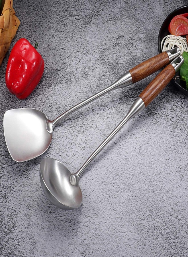 AOOSY Wok Spatula & Ladle Tool Set, AOOSY 304 Stainless Steel Cooking Utensils, Wooden Handle Wok Utensils Soup Ladle 15 inches Set of 2 - Image 2