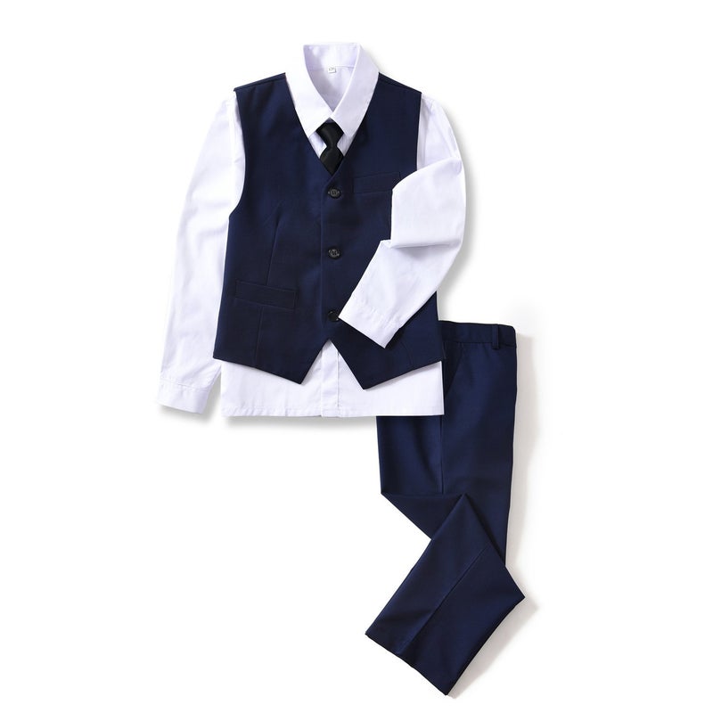 YuanLu 4 Piece Boys Suits Set with Vest Shirt Tie and Pants Blue Size 8