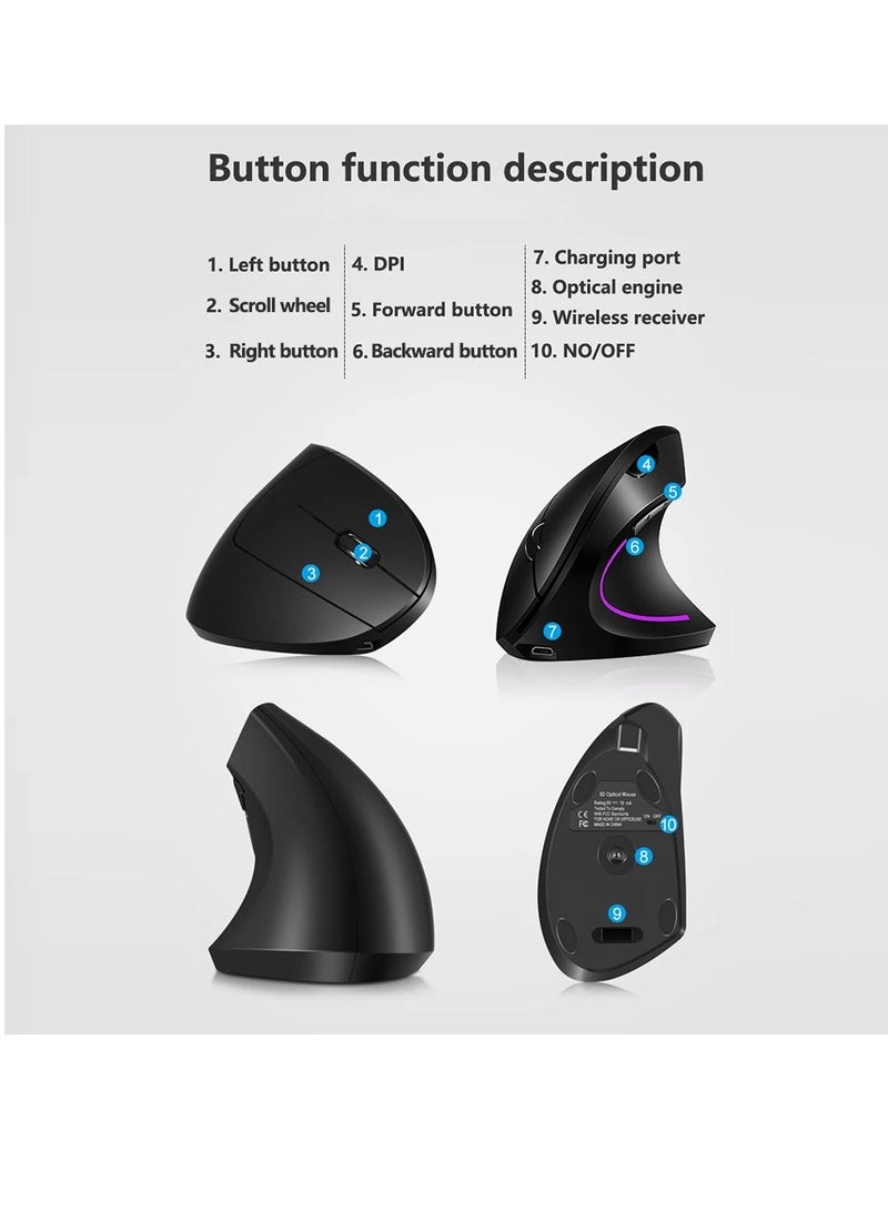 AROAQ Wireless Vertical Mouse, Rechargeable Upright Ergonomic Mouse, Dual Mode Vertical Mouse With 3 Adjustable Dpi Levels, RGB Flowing Light Plug N Play Mouse For Laptop, Desktop, Pc, (Pink) - Image 4