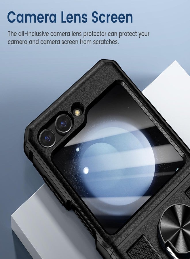 VEGO for Galaxy Z Flip 5 Case with Stand, 360°Ring Magnetic Ring Kickstand & Belt Clip Holster & Camera Screen Protector & Hinge Protection, Shockproof Cover - Black - Image 3