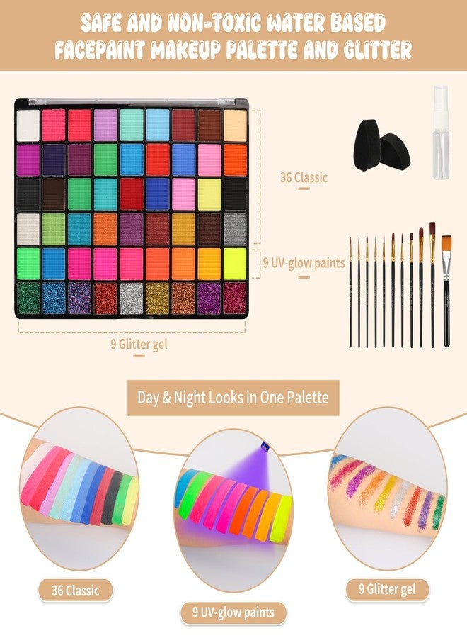 Pintada 54 Color Face Painting Kit for Kids - Non Toxic Water Activated Face Paint Palette with Stencils, Brushes, Gems & Book. For Halloween, Carnival, Party; Costume Makeup for Creative Activities - Image 3