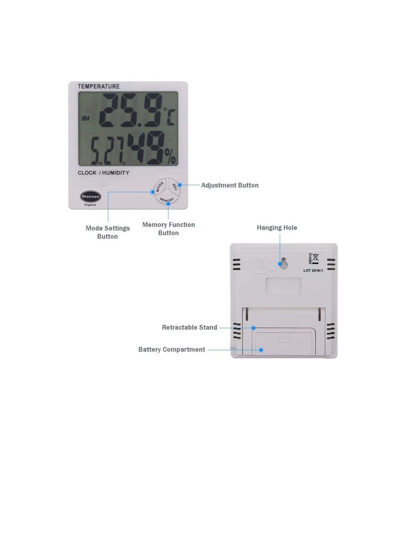 Brannan Digital Hygrometer Indoor Outdoor Thermometer, Temperature Clock and Humidity Monitor with Jumbo 1 Inch Digit Screen - UK