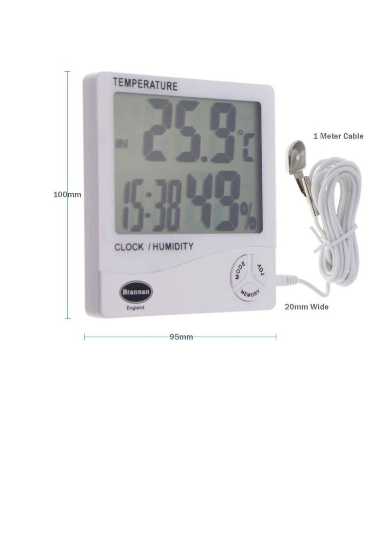 Brannan Digital Hygrometer Indoor Outdoor Thermometer, Temperature Clock and Humidity Monitor with Jumbo 1 Inch Digit Screen - UK