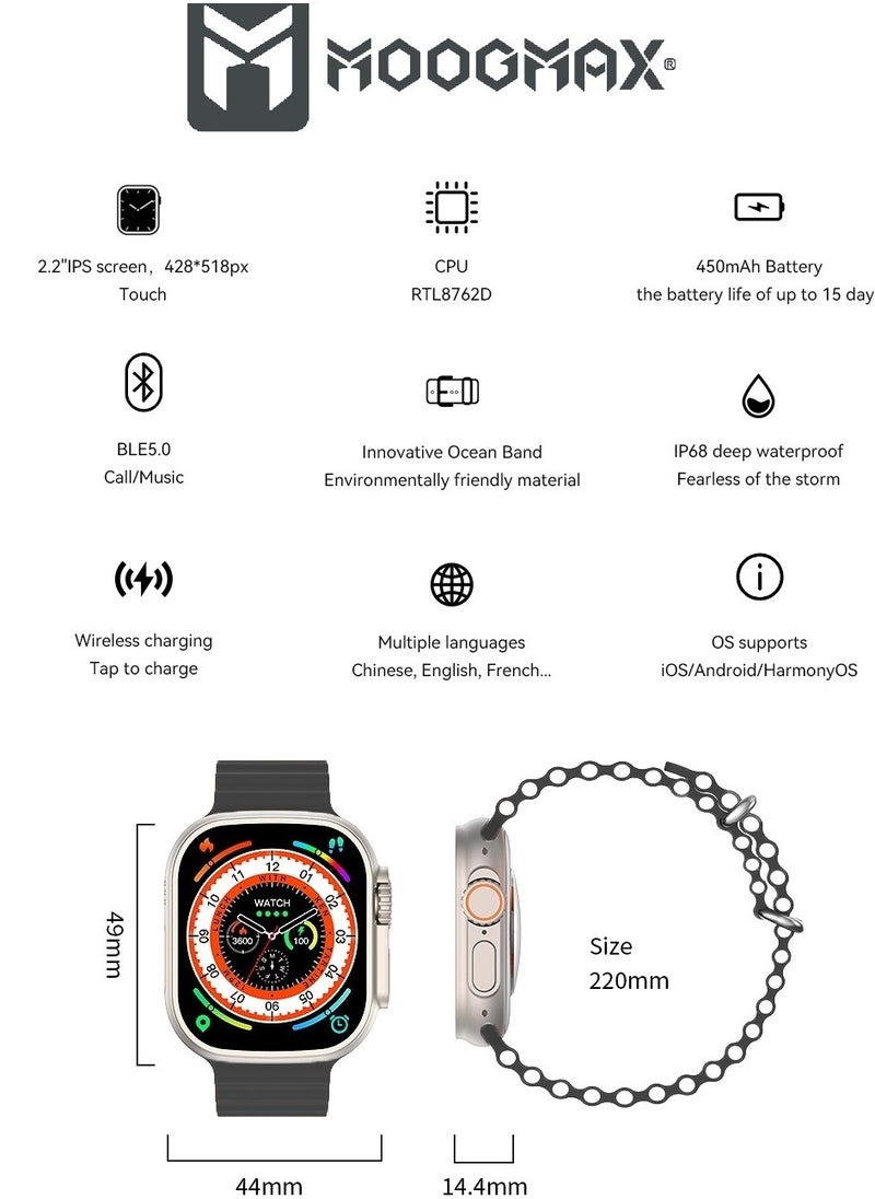 MOOGMAX - The Smart bundle package 2-in-1, Ultra smart watch 49MM Titanium case, works with gestures, all sports modes, heart and sleep measurements, support for NFC and Airbuds 4 from Moogmax TWS earphones. - Image 1