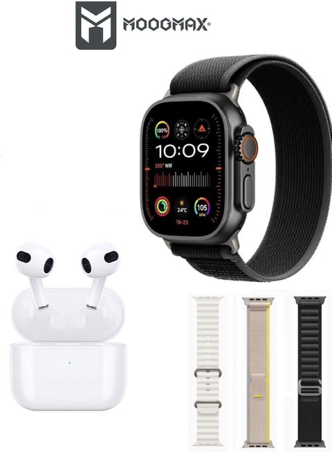 The Smart bundle package 2-in-1, Ultra smart watch 49MM Titanium case, works with gestures, all sports modes, heart and sleep measurements, support for NFC and Airbuds 4 from Moogmax TWS earphones.